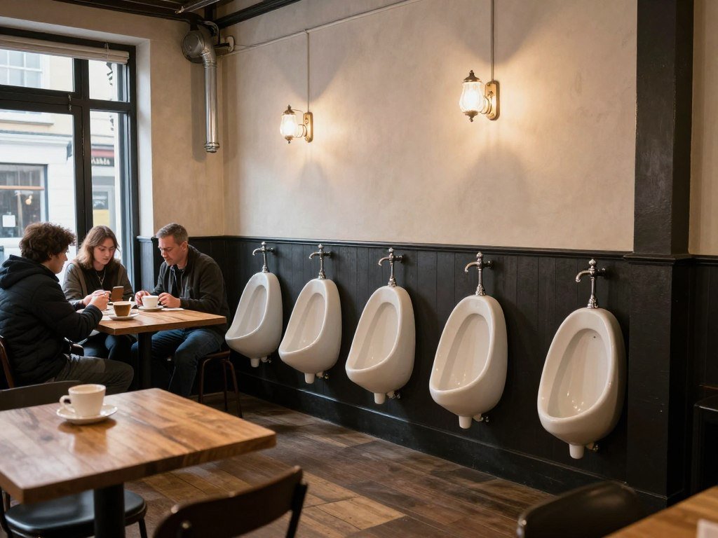 Interior of Attendant Café showing original Victorian toilet fixtures repurposed as seating - quirky things to do in London