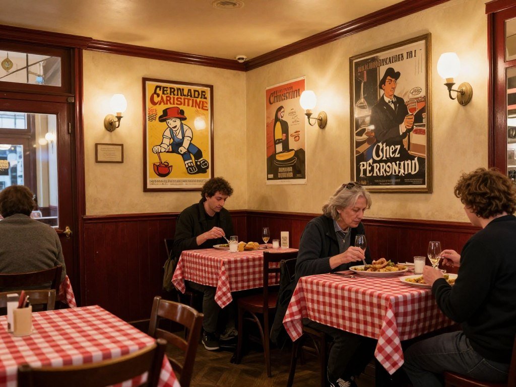 Interior of Chez Fernand Christine bistro, one of the authentic restaurants in Paris