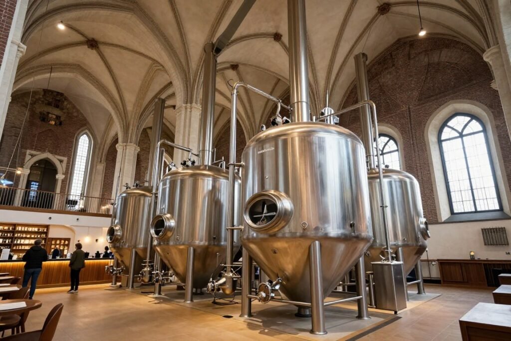 Interior of Jopenkerk brewery in Haarlem, showing brewing equipment inside a former church