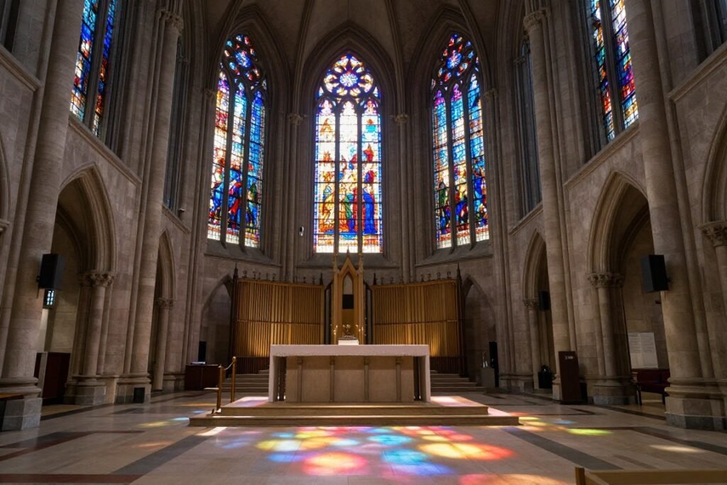 Interior of Liverpool Metropolitan Cathedral showing colorful stained glass