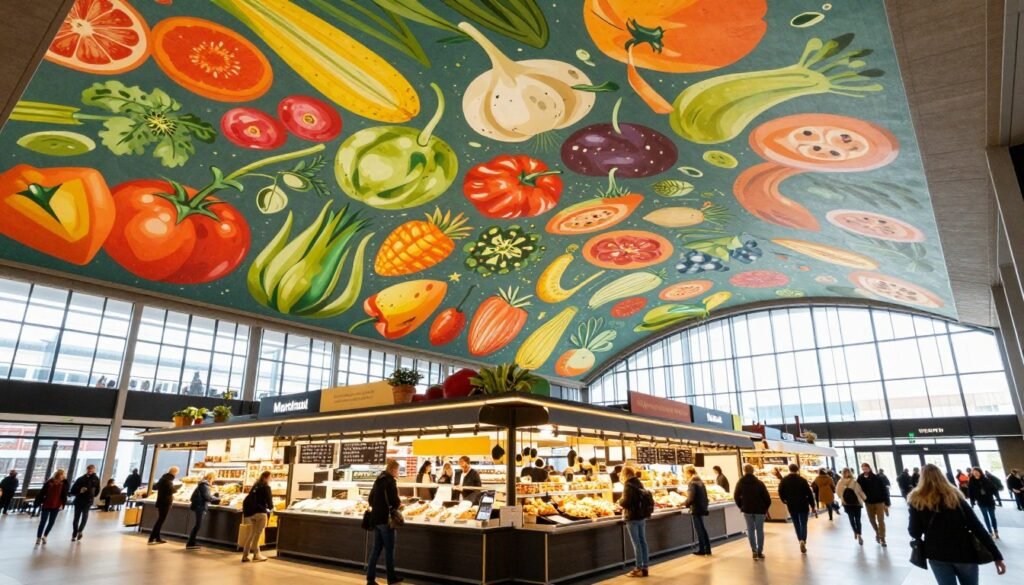 The Best Things to Do in Rotterdam 1 Interior of Markthal Rotterdam showing the colorful ceiling artwork and food stalls