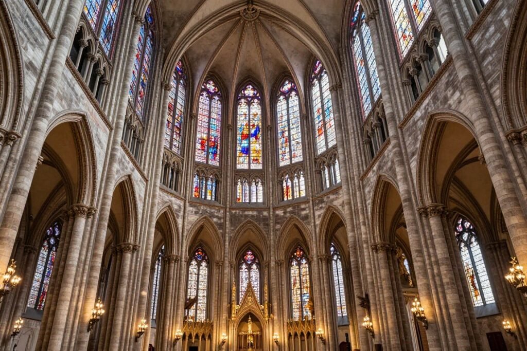 Interior of St. Bavo Cathedral in Haarlem with its impressive dome and stained glass