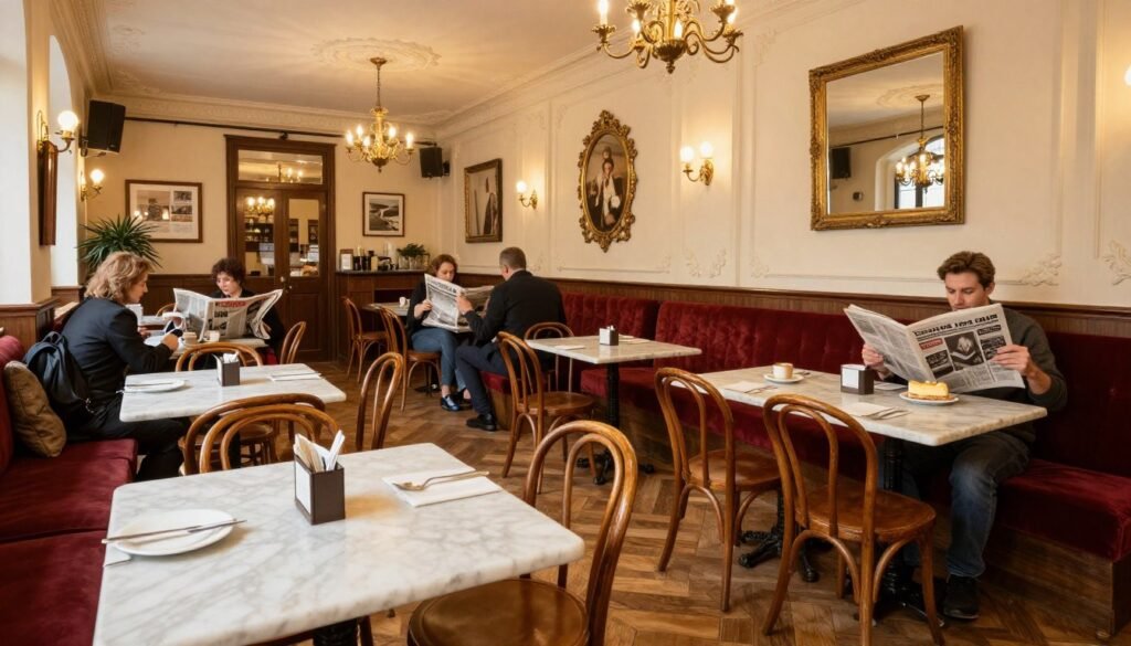 Interior of a traditional Viennese coffee house with marble tables, Thonet chairs, and elegant decor