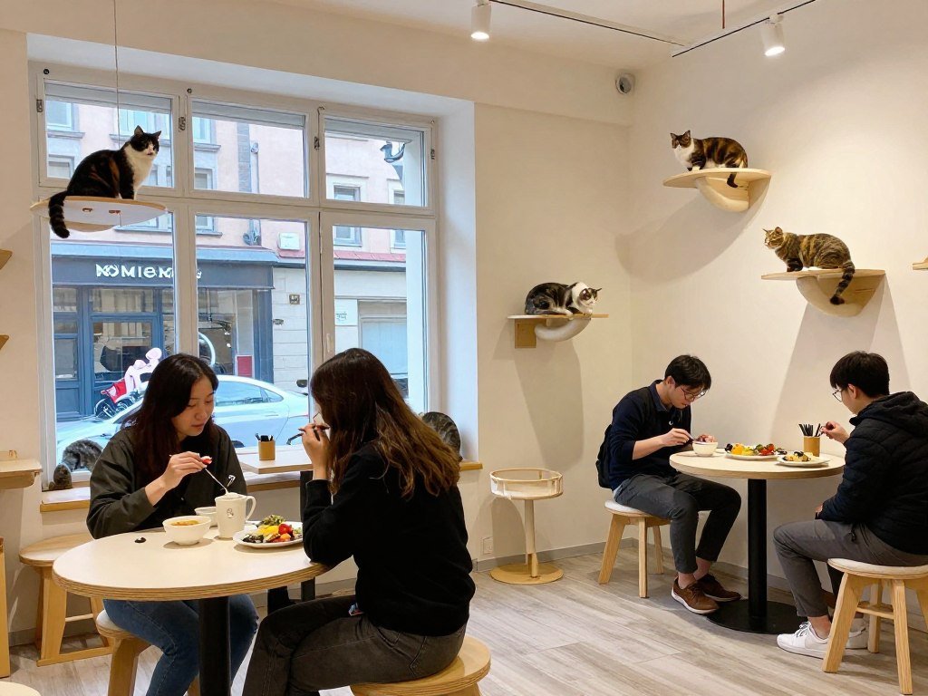 Interior of cat cafe with felines lounging on platforms and visitors dining
