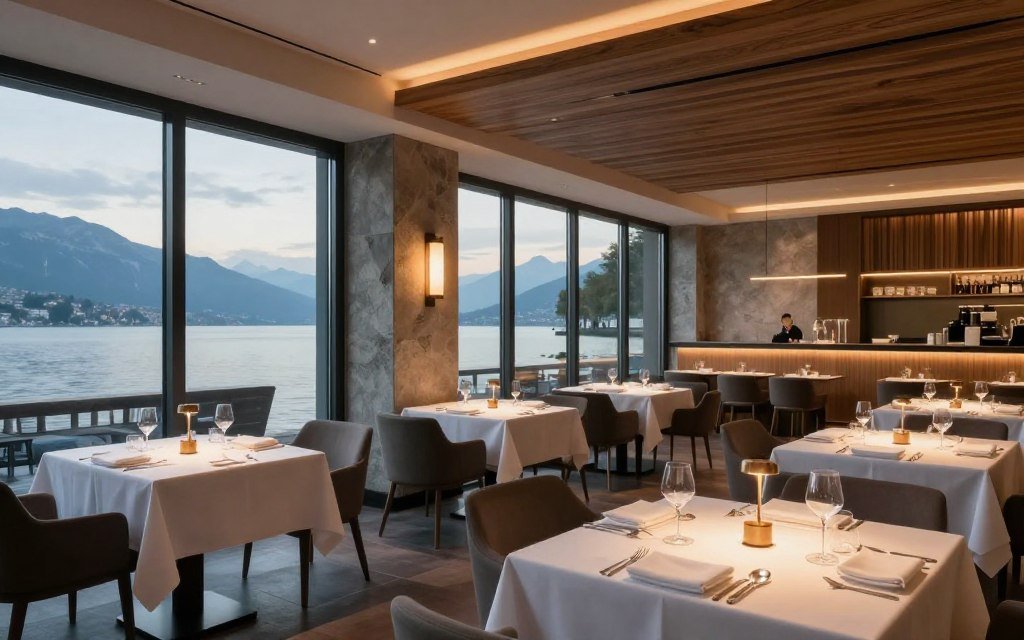 Interior of elegant Geneva restaurant with modern Swiss design and Lake Geneva views