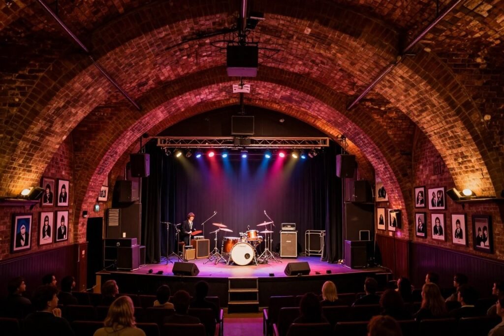 Interior of the Cavern Club in Liverpool with brick arches and stage