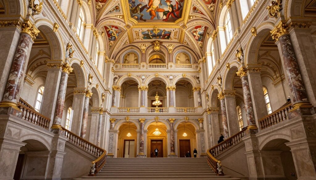 Interior of the Kunsthistorisches Museum in Vienna showing the grand staircase and ornate architecture