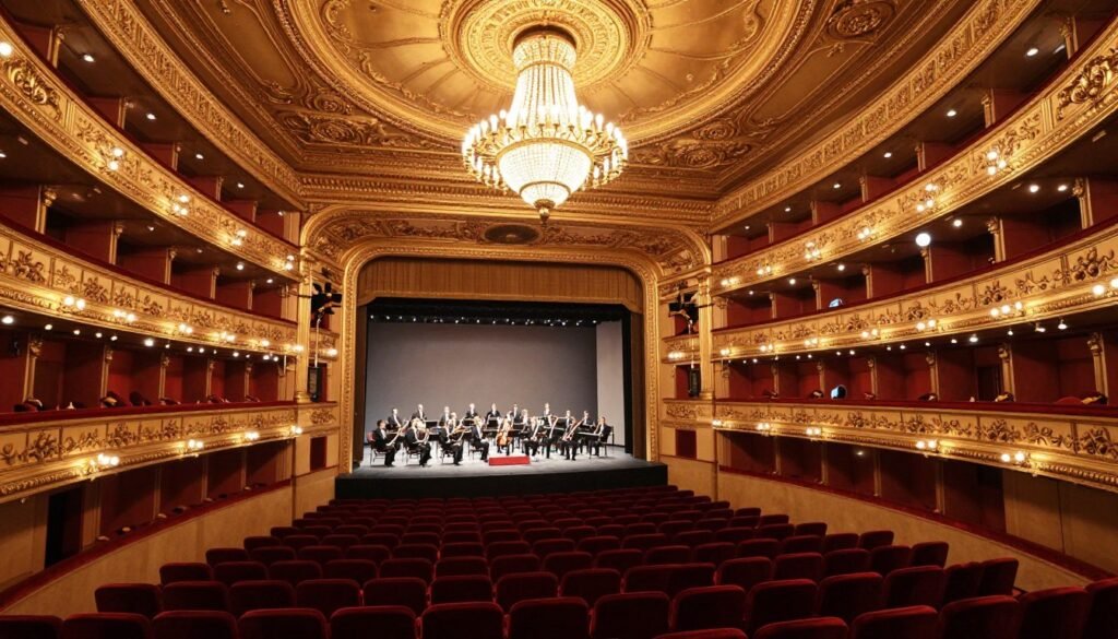 Interior of the Vienna State Opera during a performance with full orchestra and ornate golden decorations