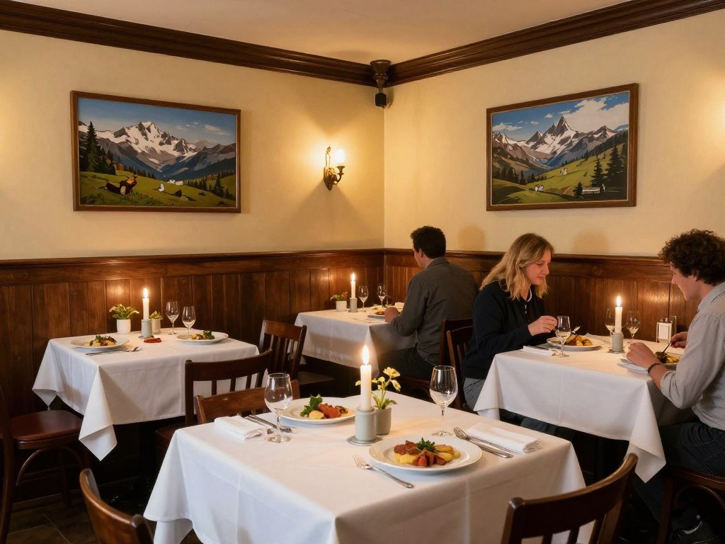 Interior of traditional Swiss restaurant with wood-paneled walls and diners
