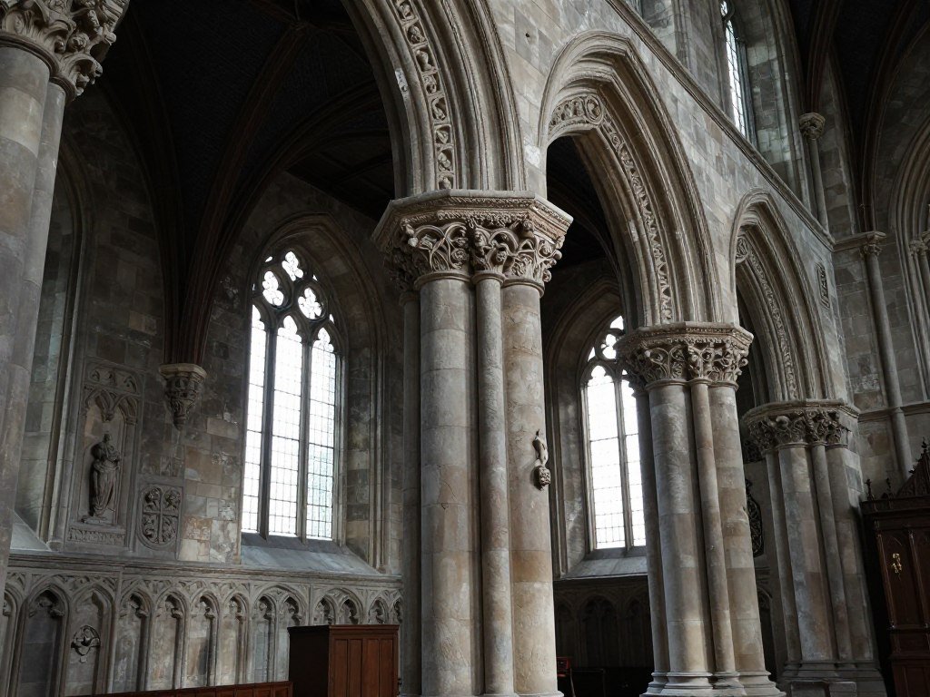 Intricate stone carvings inside Rosslyn Chapel near Edinburgh Scotland