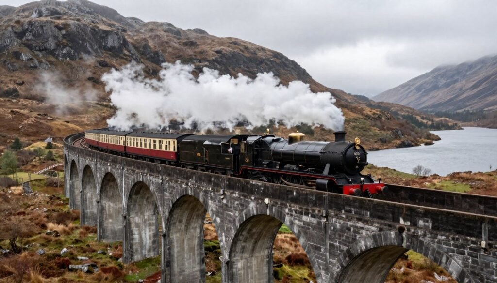 Jacobite Steam Train (Hogwarts Express) crossing the Glenfinnan Viaduct in the Scottish Highlands