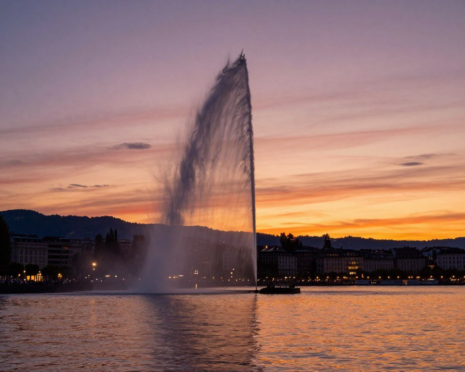 The Best Things to Do in Geneva 8 Jet d'Eau at sunset with city lights