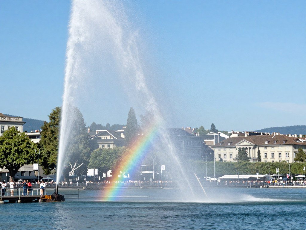 Jet d'Eau fountain close-up with rainbow in spray mist on Lake Geneva