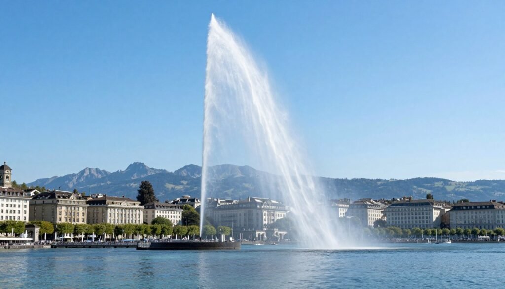 Jet d'Eau fountain on Lake Geneva with hotels visible along waterfront