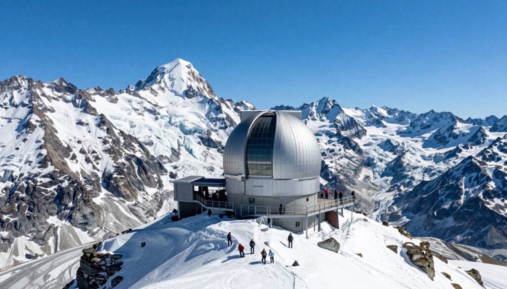 Jungfraujoch mountain station with snow-covered peaks and observatory