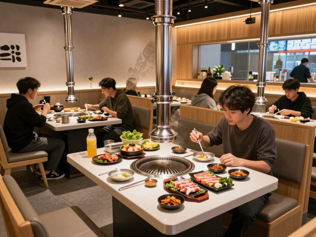 Korean barbecue table setup at Gangnam BBQ with grilling meats