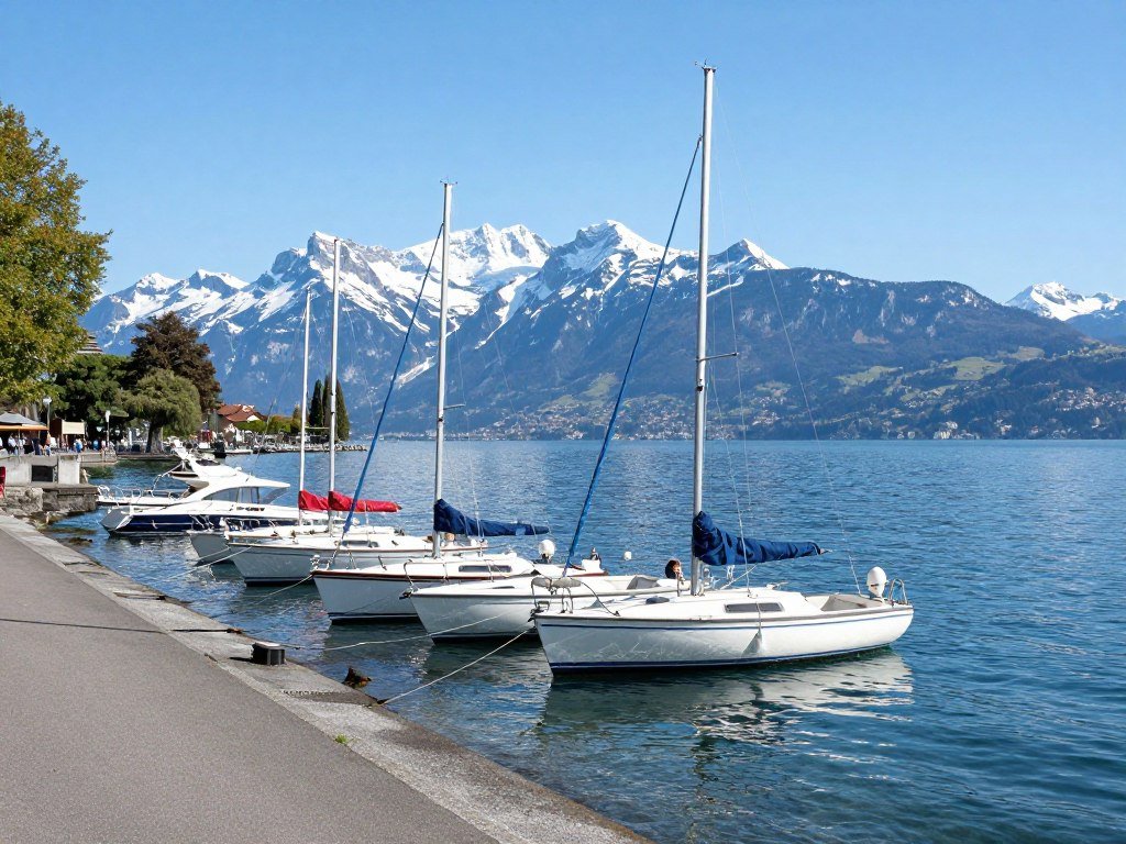 Lake Geneva waterfront with boats and Alps mountains in background