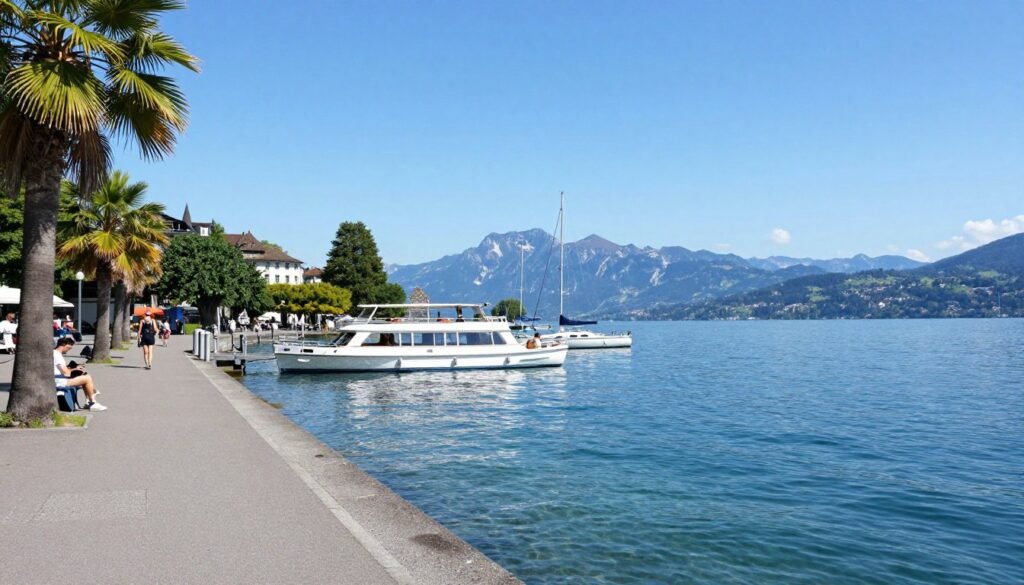 Lake Zurich waterfront with boats, promenade, and Alps in background