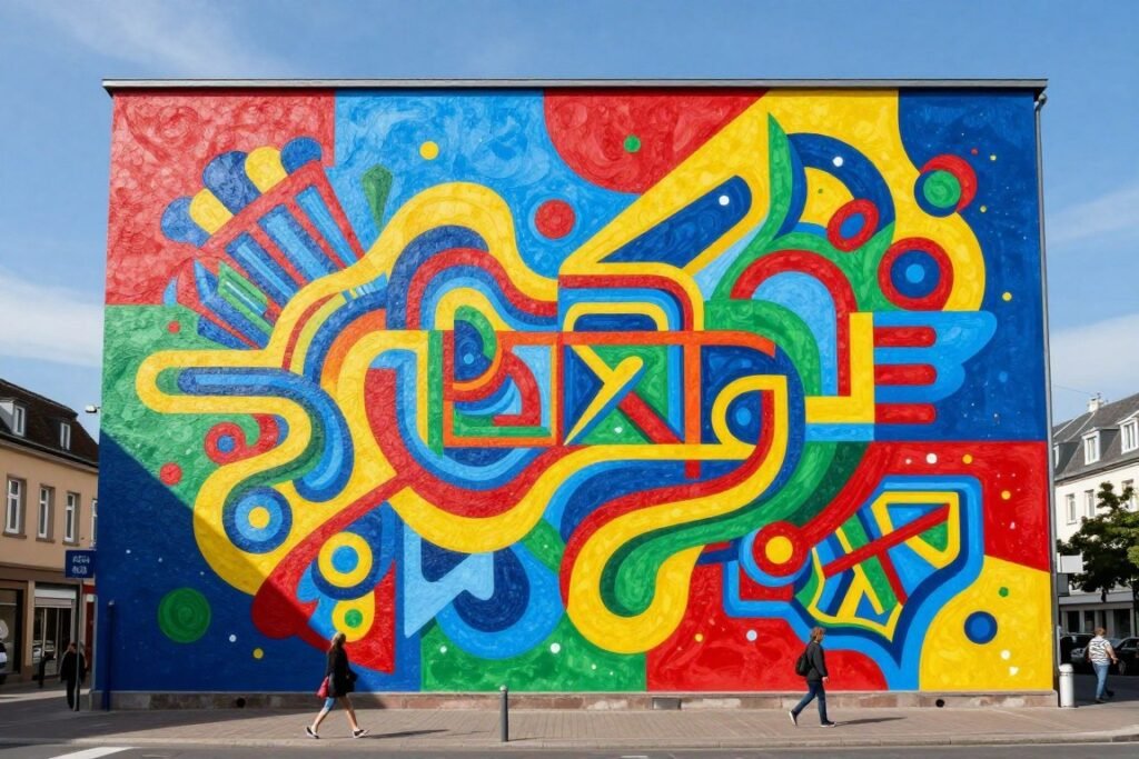 Large colorful street art mural on building wall in Esch-sur-Alzette