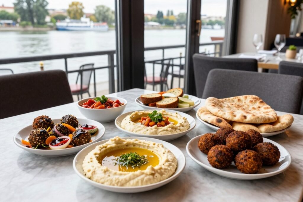 Levantine cuisine at NENI am Wasser restaurant with Danube Canal view in Vienna