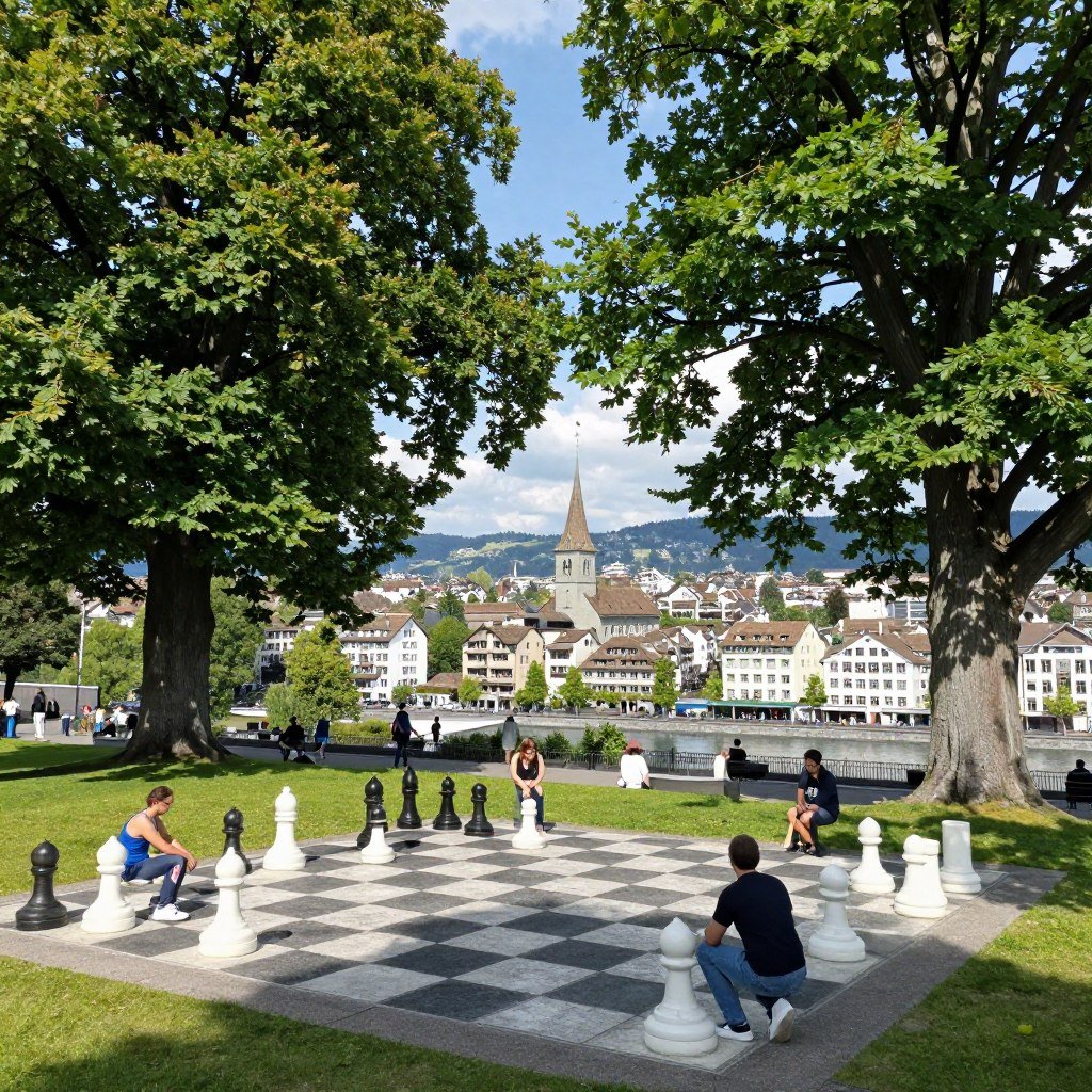 Lindenhof Hill park with large trees and panoramic views over Zurich
