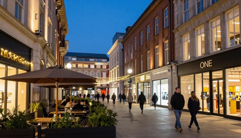 Liverpool ONE shopping district at night with lights and shoppers