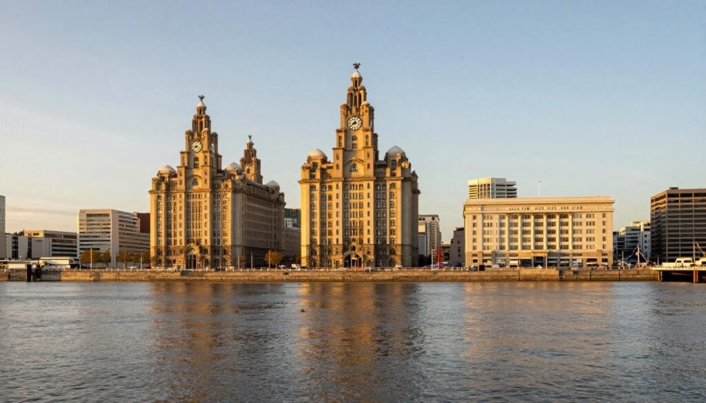 Liverpool's Three Graces buildings and waterfront at sunset