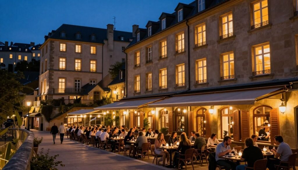 Luxembourg City evening dining scene with illuminated restaurants