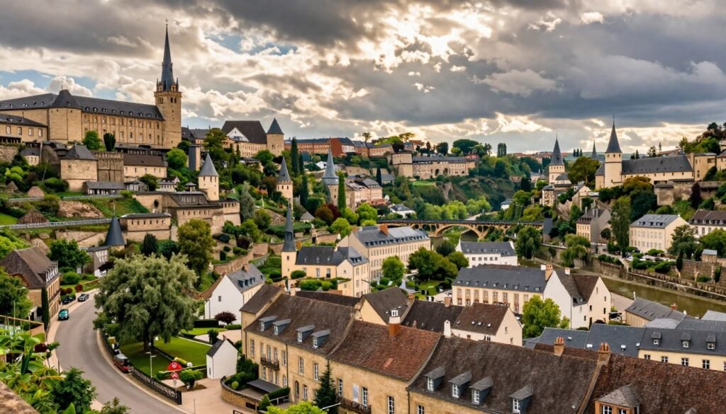 Luxembourg City old town with fortifications and Alzette valley view
