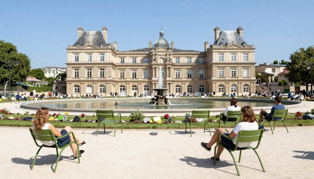 Luxembourg Gardens with people relaxing in the iconic green chairs - relaxing things to do in Paris