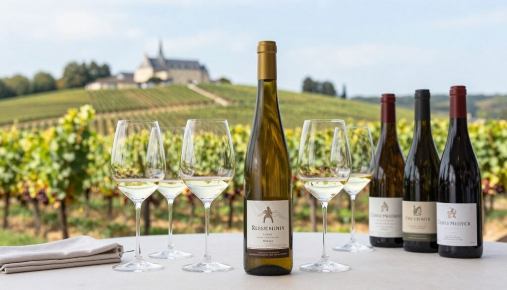 Luxembourg Moselle wine glasses with vineyard view