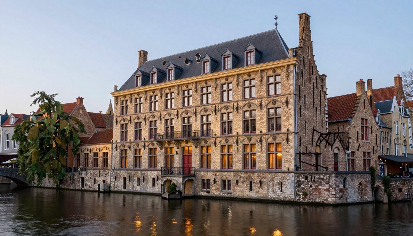 Luxury hotel in Bruges with canal view and medieval architecture