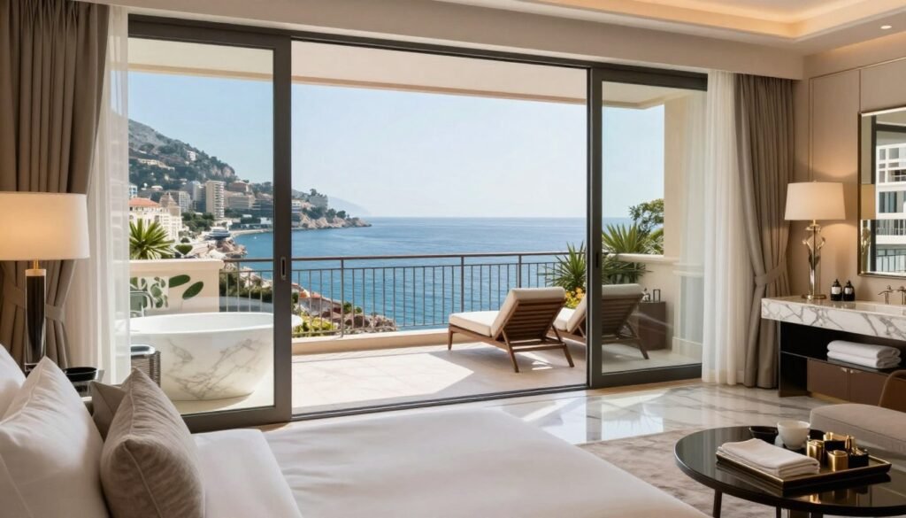 Luxury hotel suite interior in Monaco with sea view balcony