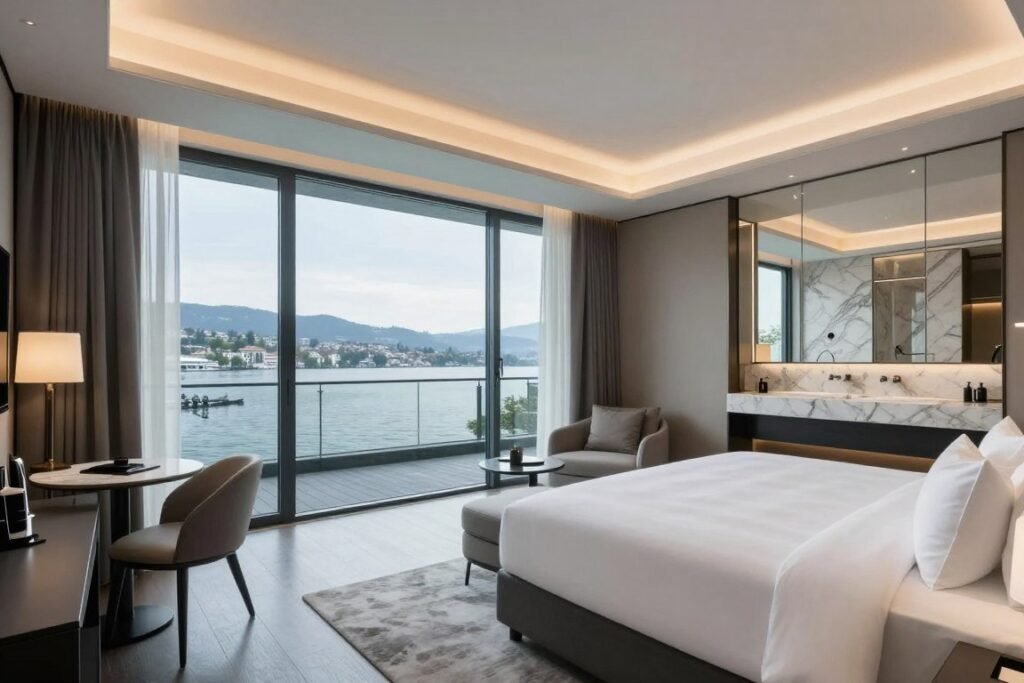 Luxury hotel suite interior with Swiss design and lake views
