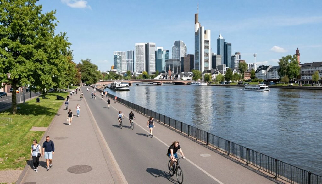 The Best Things to Do in Frankfurt 14 Main River promenade with cyclists and pedestrians enjoying riverside walkway in Frankfurt