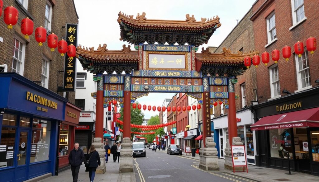 Manchester's Chinatown arch and restaurants