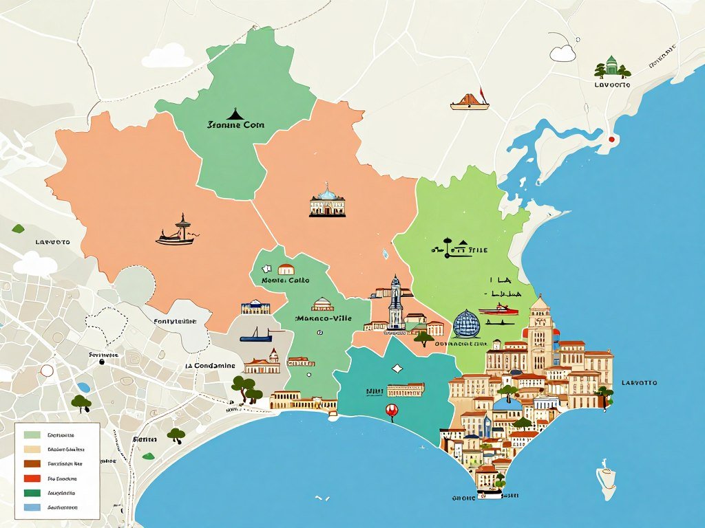 Map illustration of Monaco districts including Monte Carlo, Monaco-Ville, and Fontvieille