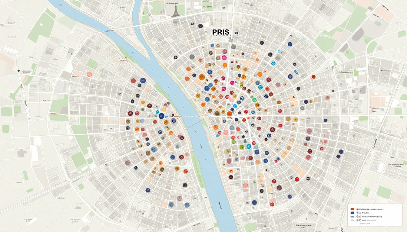 Map of Paris arrondissements showing the snail-like arrangement of the 20 districts with the Seine River dividing the city