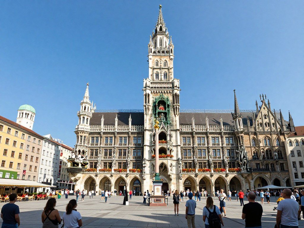 Marienplatz square with New Town Hall glockenspiel and crowds