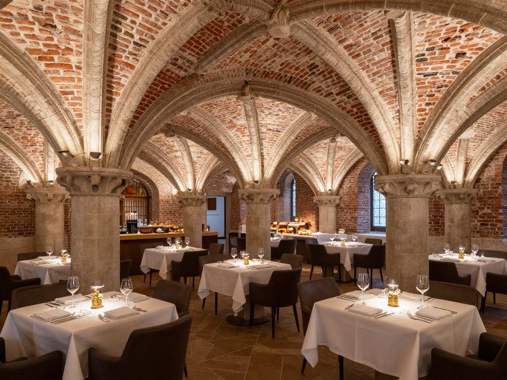 Medieval vaulted cellar breakfast room at Hotel Ter Brughe in Bruges