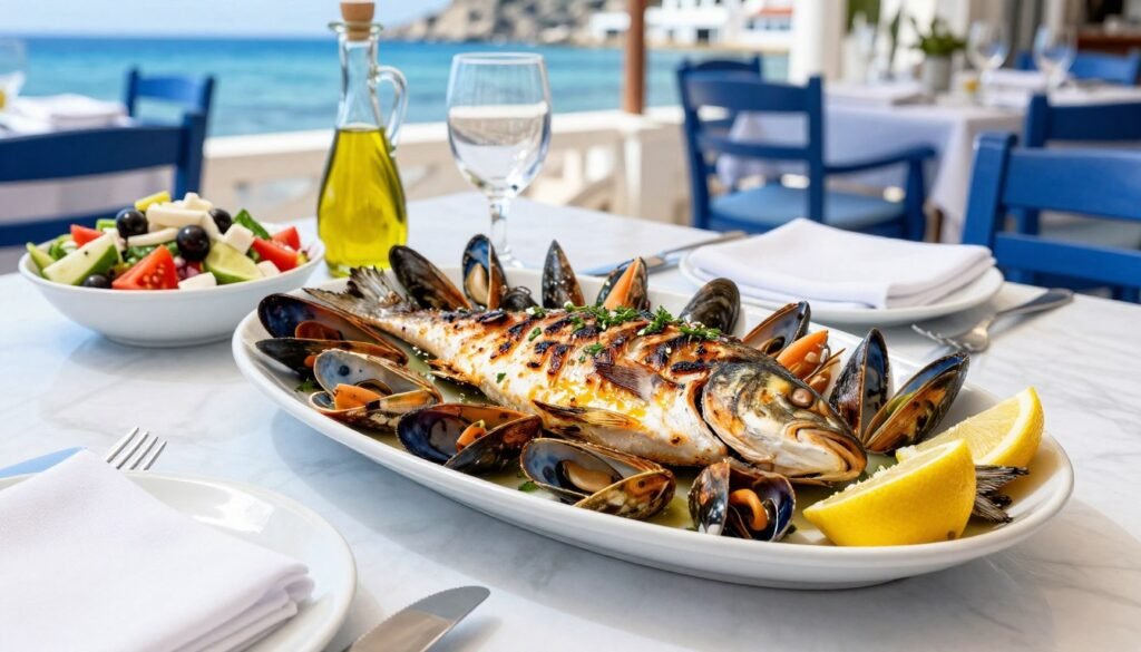 Mediterranean seafood platter with fresh fish and vegetables