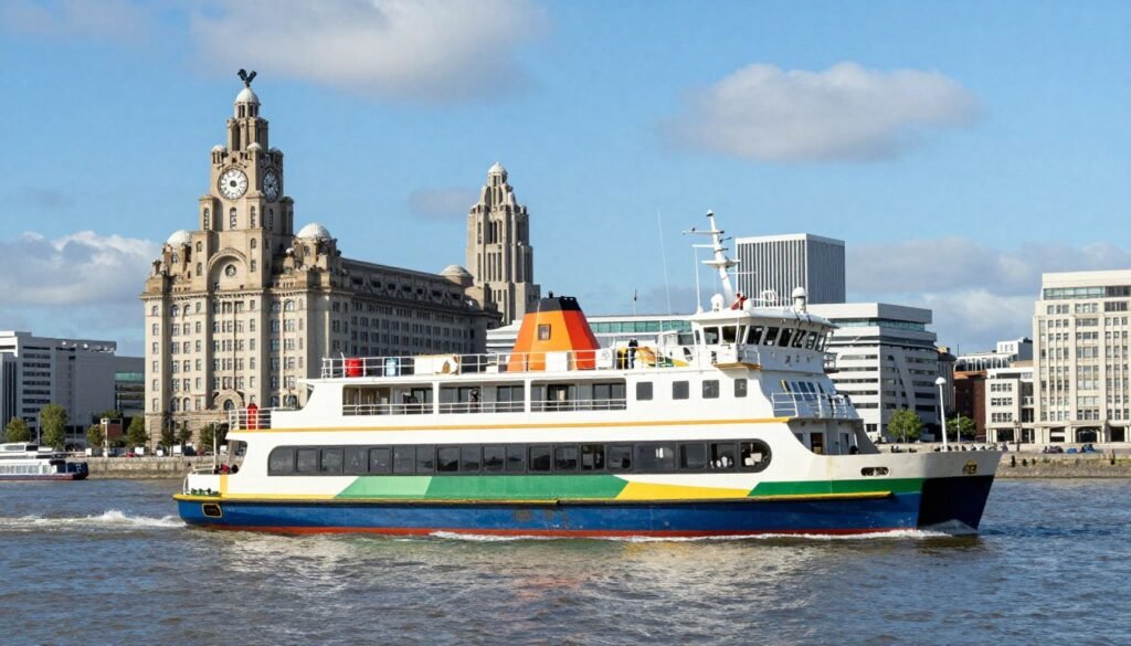 Mersey Ferry crossing the river with Liverpool skyline in background
