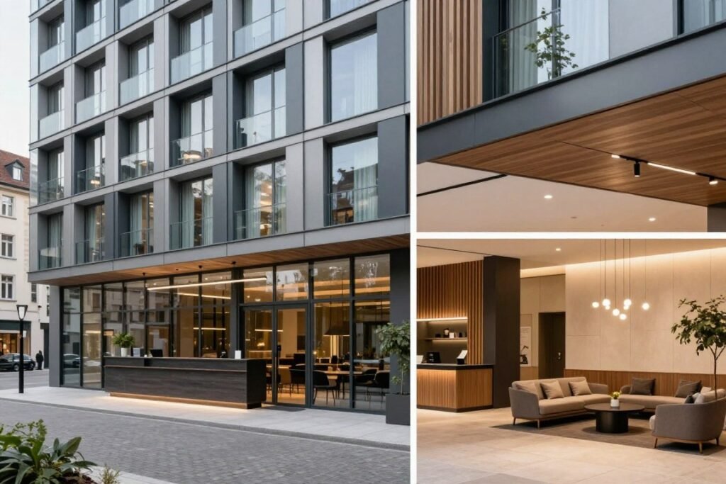 Mid-range hotel exterior and lobby in Nuremberg showing modern design