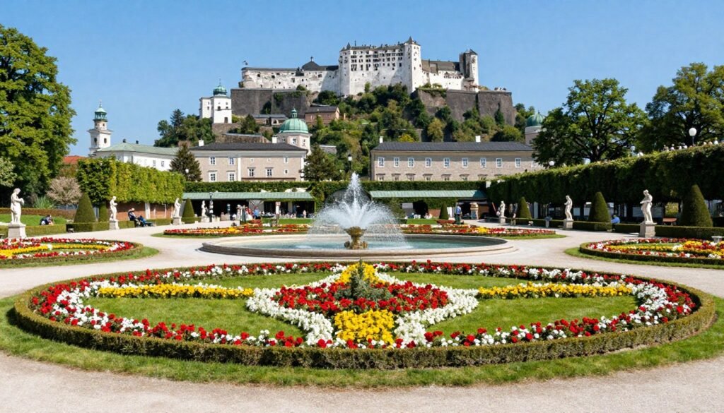 The Best Things to Do in Salzburg 3 Mirabell Gardens in full bloom with Hohensalzburg Fortress visible in the background