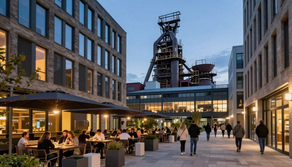 Modern Belval district with contemporary architecture and restaurants