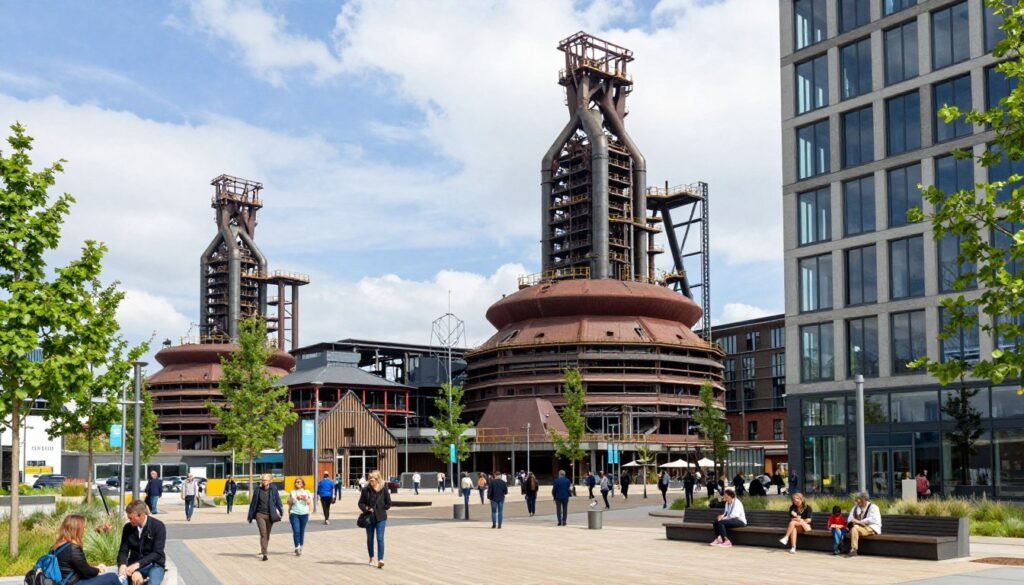 Modern Belval district with renovated industrial architecture and contemporary buildings