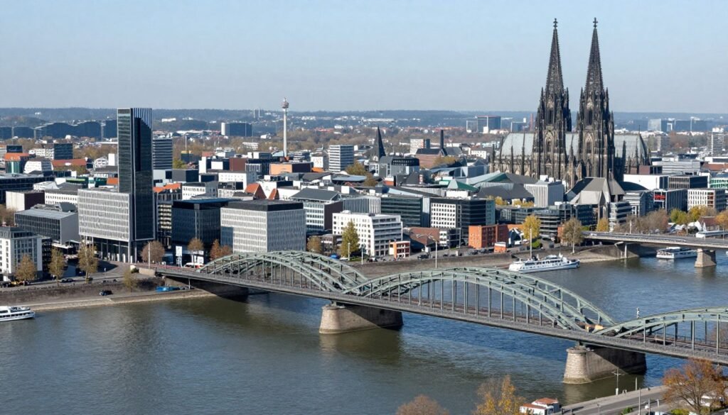 Modern Deutz district with bridges to Cologne