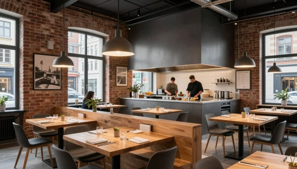 Modern bistro interior in Cologne with contemporary design and open kitchen