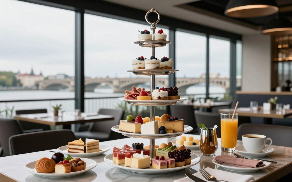 Modern breakfast service at Brasserie NITZ overlooking Pegnitz River