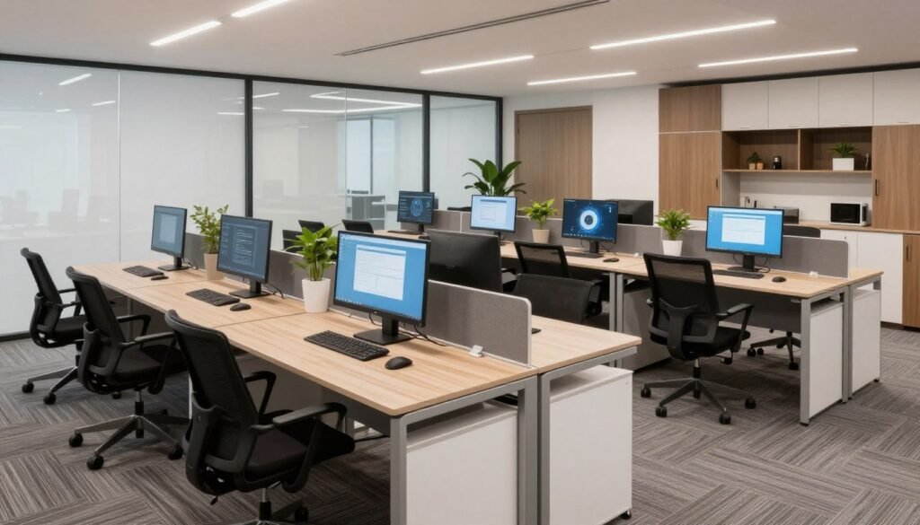 Modern business center workspace with desks, computers, and meeting facilities